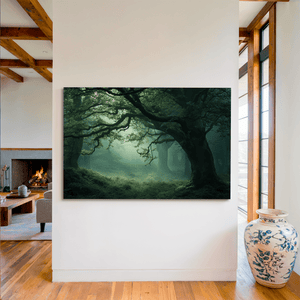 Misty forest canvas wall art styled in a calm neutral interior