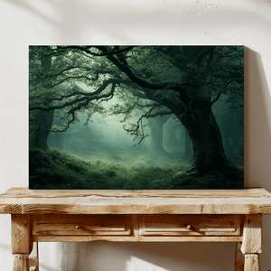 Misty forest canvas wall art styled in a calm neutral interior