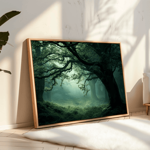 Misty forest canvas wall art styled in a calm neutral interior