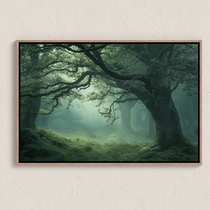Framed canvas wall art of a mossy, mist-covered forest. Ethereal and calming. Ready to hang.