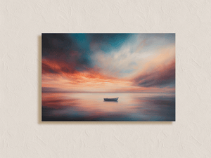 Unframed sunset seascape canvas print with solitary boat