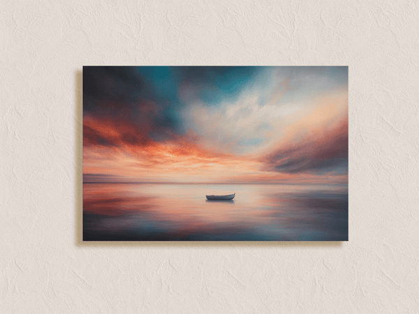Framed canvas wall art of a glowing sunset and solitary boat. A calm seascape in warm hues, ready to hang.
