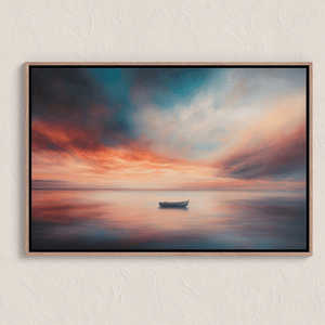 Framed canvas wall art of a glowing sunset and solitary boat. A calm seascape in warm hues, ready to hang.