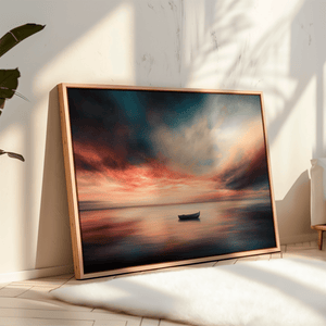 Sunset boat seascape canvas wall art styled in a calm coastal interior