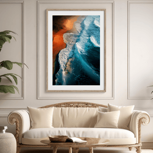 Framed coastal ocean print with teal waves and warm sands. A tranquil, gallery-quality wall art piece. Ready to hang