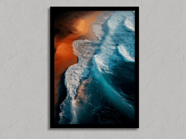 Framed coastal ocean print with teal waves and warm sands. A tranquil, gallery-quality wall art piece. Ready to hang