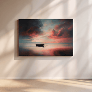 Twilight ocean boat canvas wall art styled in a calm coastal interior