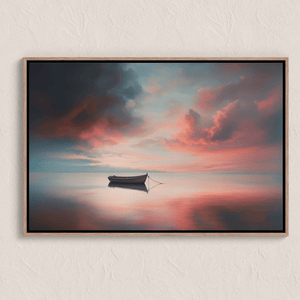 Canvas wall art of a lone boat on calm twilight seas. Soft blues and warm oranges create a peaceful ocean print, ready to hang.
