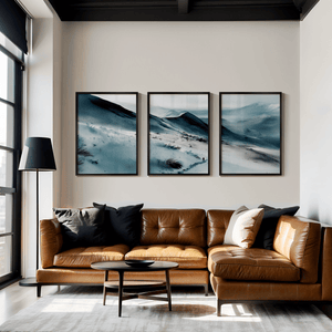 Mountain watercolour triptych wall art styled in a calm neutral interior