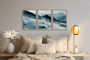 Mountain watercolour triptych wall art styled in a calm neutral interior