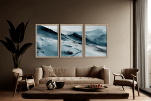 Minimalist snow-covered mountain wall art print in three panels