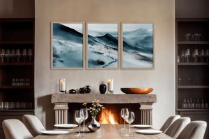 Three panel mountain wall art print with snowy peaks and calm blue tones