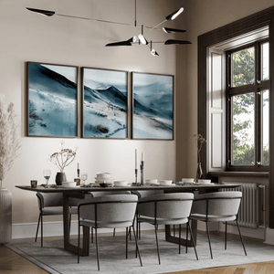 Snow-covered mountain triptych wall art in soft blue grey watercolour
