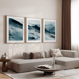 Snow-covered mountain triptych wall art in soft blue grey watercolour