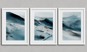 Serenity’s Peaks – Snow-Covered Mountain Triptych Wall Art in a white frame with a mount