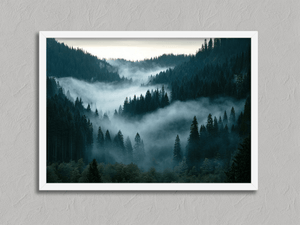 Shadowed Valley – Misty Forest Wall Art Print in a white frame, no mount