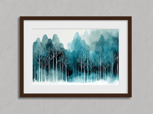 Framed wall art of stylised trees and soft hills. A calm, geometric composition for minimalist interiors. Ready to hang