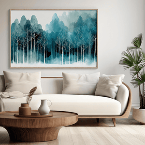 Framed wall art of stylised trees and soft hills. A calm, geometric composition for minimalist interiors. Ready to hang