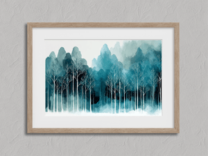 Framed minimalist tree wall art print with stylised trees and soft hills