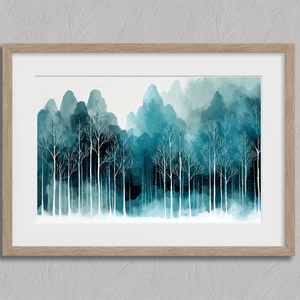 Framed wall art of stylised trees and soft hills. A calm, geometric composition for minimalist interiors. Ready to hang
