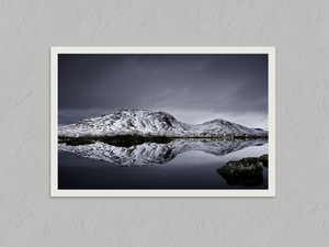 Silent Mirror – Snowy Mountain Reflection Wall Art Print, unframed print with a white border