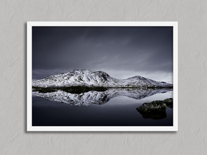 Silent Mirror – Snowy Mountain Reflection Wall Art Print in a white frame, no mount