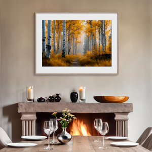 Framed wall art of silver birch trees glowing in golden light. A minimalist woodland print that brings calm and balance.
