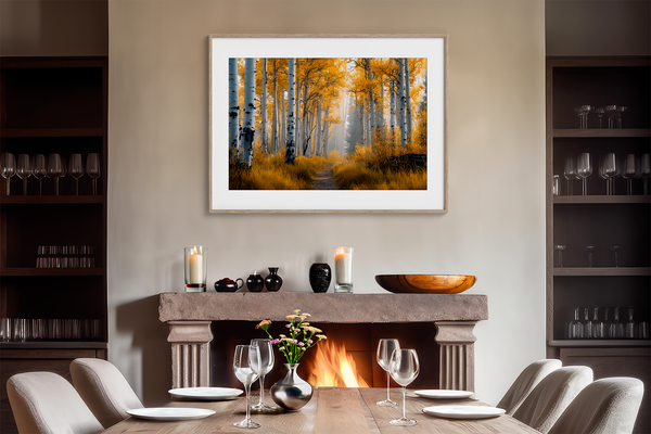 Framed wall art of silver birch trees glowing in golden light. A minimalist woodland print that brings calm and balance.