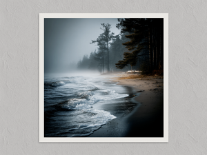 Solitary Shore – Misty Beach Wall Art, unframed print with a white border