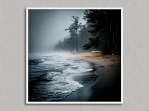 Solitary Shore – Misty Beach Wall Art in a white frame, no mount