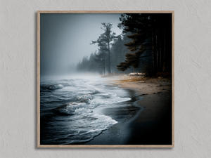 Framed misty beach scene print by Atelier Lumin