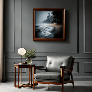 Misty beach wall art styled in a calm neutral interior