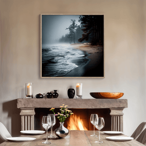 Bring serenity home with Solitary Shore, a fine art print of a misty sunrise beach scene with pines and gentle waves.