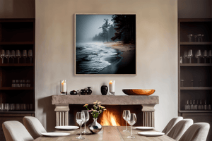 Misty beach wall art styled in a calm neutral interior