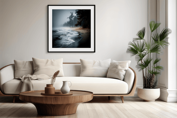 Bring serenity home with Solitary Shore, a fine art print of a misty sunrise beach scene with pines and gentle waves.