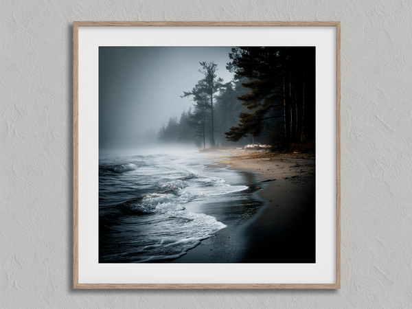Bring serenity home with Solitary Shore, a fine art print of a misty sunrise beach scene with pines and gentle waves.