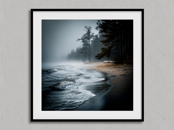 Bring serenity home with Solitary Shore, a fine art print of a misty sunrise beach scene with pines and gentle waves.