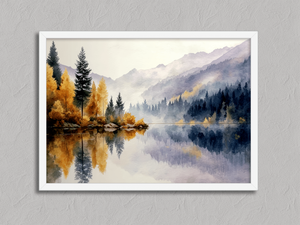 Still Mirror – Autumn Lake Wall Art Print in a white frame, no mount