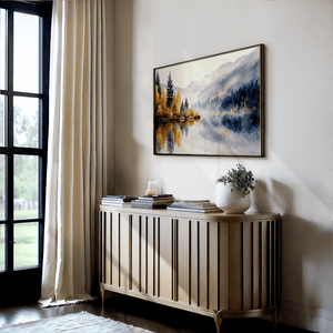 Autumn lake reflection wall art styled in a calm neutral interior