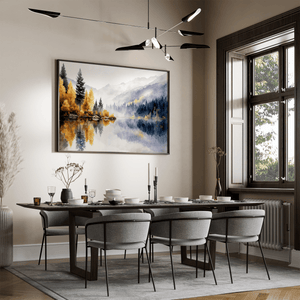 Autumn lake reflection wall art styled in a calm neutral interior