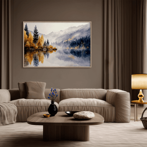 Framed wall art of a calm river reflecting golden trees and hills. An autumnal piece full of stillness and warmth. Ready to hang.