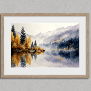 Framed wall art of a calm river reflecting golden trees and hills. An autumnal piece full of stillness and warmth. Ready to hang.