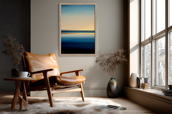 Framed wall art of a minimalist ocean horizon in pale blues and pastels. A serene abstract seascape print. Ready to hang.