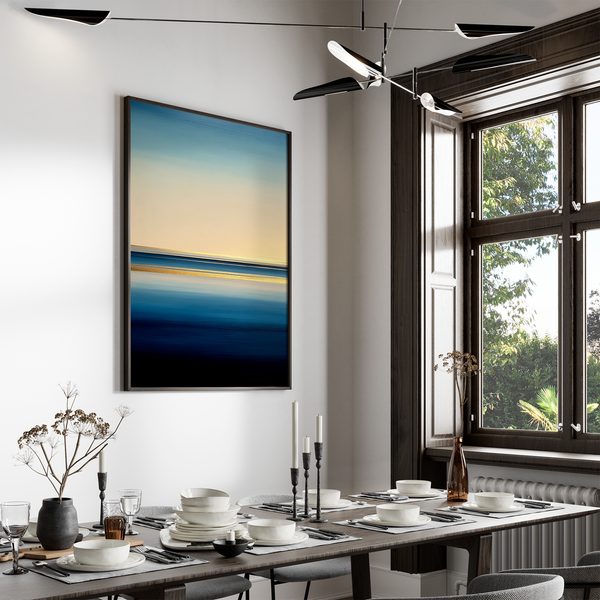 Framed wall art of a minimalist ocean horizon in pale blues and pastels. A serene abstract seascape print. Ready to hang.