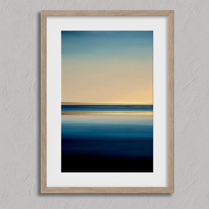 Framed wall art of a minimalist ocean horizon in pale blues and pastels. A serene abstract seascape print. Ready to hang.