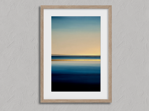 Framed wall art of a minimalist ocean horizon in pale blues and pastels. A serene abstract seascape print. Ready to hang.