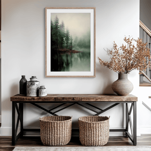 Framed fine art print of misty pine reflections on still water. A tranquil woodland lake scene, printed on archival paper and ready to hang.