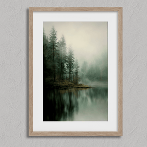 Framed fine art print of misty pine reflections on still water. A tranquil woodland lake scene, printed on archival paper and ready to hang.