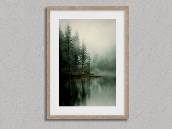Framed fine art print of misty pine reflections on still water. A tranquil woodland lake scene, printed on archival paper and ready to hang.