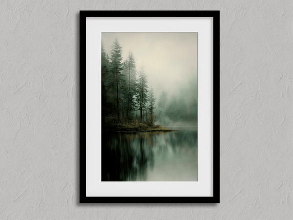 Framed fine art print of misty pine reflections on still water. A tranquil woodland lake scene, printed on archival paper and ready to hang.